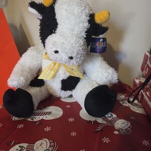 Cute little stuffed cow toy kids stuffed animal farm yard with yellow bow & tag